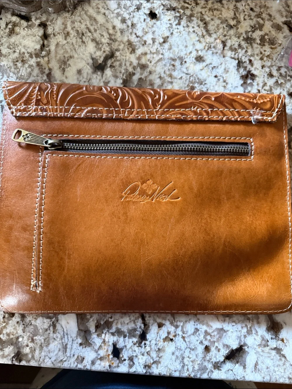 Patricia Nash Tooled Leather Envelope Clutch in Cognac Brown